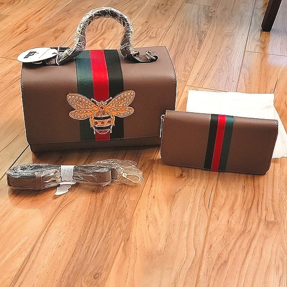 Women's Calin Bee Accent Box Satchel Handbag Purse with Matching Wallet Brown - Picture 8 of 8